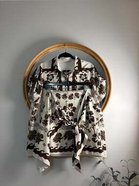 Commense Tropical Plant Print Vacation Shirt and Tie Front Skirt‎ Two Piece Set